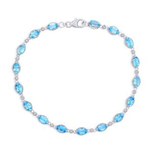 Sterling Silver, Oval 4.94ct Swiss Blue Topaz & 0.11ct White Topaz, Beaded Outline Gem Bracelet