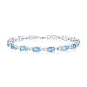 Sterling Silver, Oval Gem & White Topaz Bracelet - Sky Blue Topaz