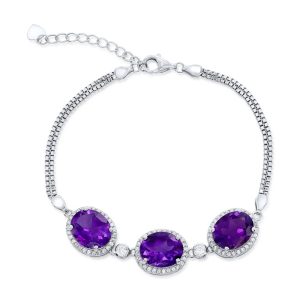 Sterling Silver, White Topaz Border, Oval Gemstone Bracelet - Amethyst (10.31cttw)