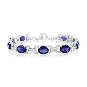 Sterling Silver, Oval & White Topaz Link Bracelet - Sapphire (17.21cttw)