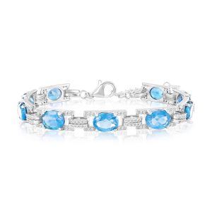Sterling Silver, Oval & White Topaz Link Bracelet - Swiss Blue Topaz (11.36cttw)