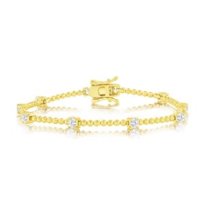 Sterling Silver, Round CZ & Beaded Bracelet - Gold Plated