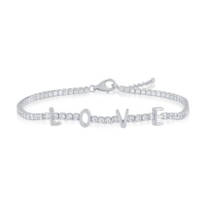 Sterling Silver, 'Love' Tennis, CZ Bracelet