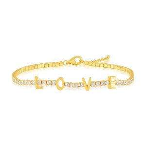 Sterling Silver, 'Love' Tennis CZ Bracelet - Gold Plated