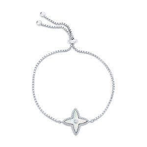 Sterling Silver, MOP Flower w/ CZ Border Adjustable Bolo Bracelet