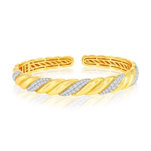 Sterling Silver, Polished & CZ Wave Bangle - Gold Plated