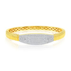 Sterling Silver, Center CZ, Lined Polished Bangle - Gold Plated