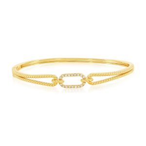 Sterling Silver, Oval CZ Rope Design Bangle - Gold Plated