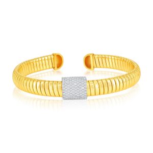 Sterling Silver, Square Pave CZ, Lined Bangle - Gold Plated