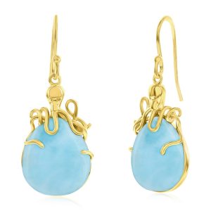 Sterling Silver, Pear-Shaped Larimar Octopus Earrings - Gold Plated
