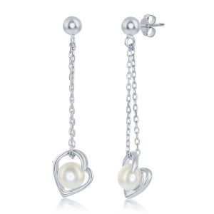 Sterling Silver, 6mm FWP Heart Chain Earrings