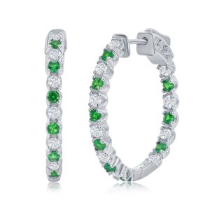 Sterling Silver, 3x25mm Hoop Earrings - Created Emerald & White Sapphire