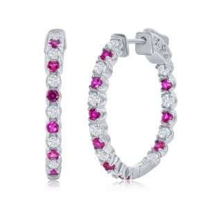 Sterling Silver, 3x25mm Hoop Earrings - Created Ruby & White Sapphire