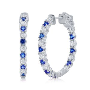 Sterling Silver, 3x25mm Hoop Earrings - Created Blue & White Sapphire