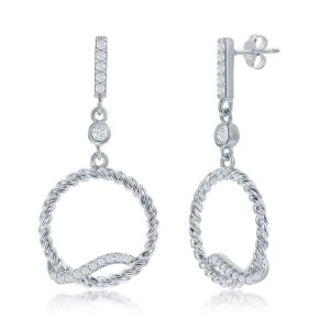 Sterling Silver, Rope Design Wave CZ Circle Earrings