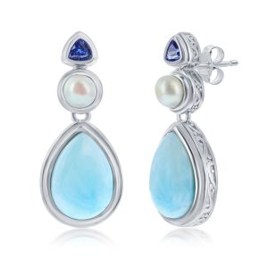 Sterling Silver, Pearshaped Larimar with FWP & Tanzanite CZ Earrings