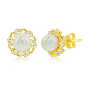 Sterling Silver CZ Flower w/ 7mm Round FWP Stud Earrings - Gold Plated