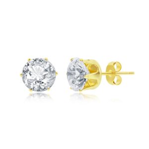 Sterling Silver, 8mm Round CZ Stud Earring - Gold Plated