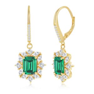 Sterling Silver Asscher-Cut Emerald CZ Earrings - Gold Plated