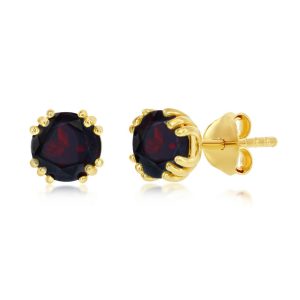 Sterling Silver 'January Birthstone' Round 6mm Gem, Gold Plated Stud Earrings - Garnet (2.02cttw)