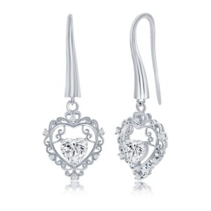 Sterling Silver Heart CZ Dangle Earrings
