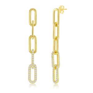 Sterling Silver, CZ Paperclip Earrings - Gold Plated