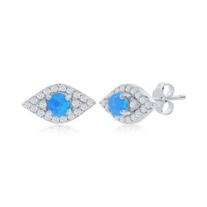 Sterling Silver Blue Opal & CZ Evil Eye Stud Earrings
