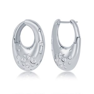 Sterling Silver Scattered CZ Puffed Oval Earrings
