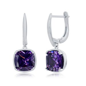 Sterling Silver Cushion-Cut Amethyst CZ Dangling Earrings