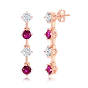 Sterling Silver Round White & Ruby CZ Long Earrings - Rose Gold Plated