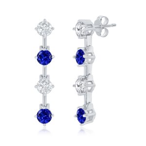 Sterling Silver Round White & Sapphire CZ Long Earrings