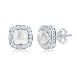 Sterling Silver Round Pearl, CZ Border Stud Earrings