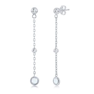 Sterling Silver, Bezel-Set CZ & Bead Chain Earrings - White