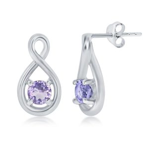 Sterling Silver, 4mm Round Gem Amethyst Infinity Design Earrings - Amethyst