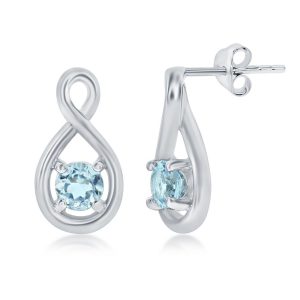 Sterling Silver, 4mm Round Gem Infinity Design Earrings -  Blue Topaz