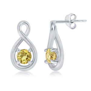 Sterling Silver, 4mm Round Gem Infinity Design Earrings - Citrine