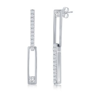 Sterling Silver Asymmetric Paperclip CZ Earrings