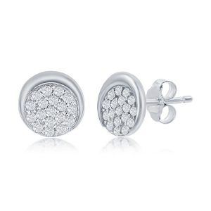 Sterling Silver Round CZ Half Moon Stud Earrings