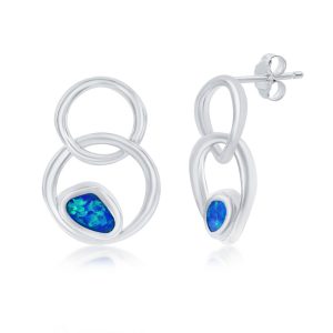 Sterling Silver, Double Circle Earrings - Blue Opal