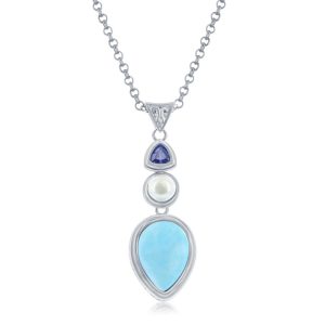 Sterling Silver, Pearshaped Larimar with FWP and Tanzanite CZ Pendant