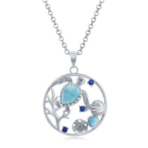 Sterling Silver, Turtle, Seashell, Sand Dollar, Larimar & CZ Pendant