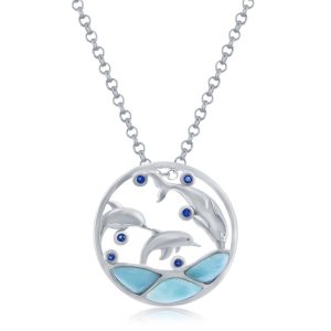 Sterling Silver, Larimar & CZ Diving Dolphins Round Pendant