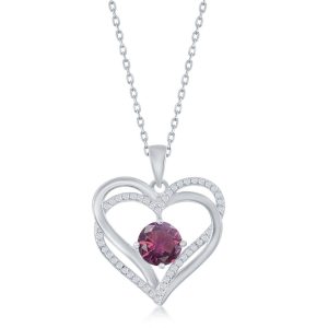 Sterling Silver Double Heart "February" Birthstone CZ Pendant w/Chain - Amethyst CZ