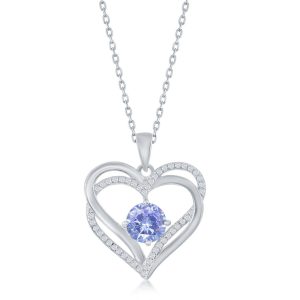 Sterling Silver Double Heart "June" Birthstone CZ Pendant w/Chain - Lavander CZ