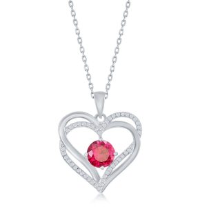 Sterling Silver Double Heart "July" Birthstone CZ Pendant w/Chain - Ruby CZ