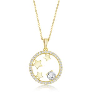 Sterling Silver, Stars CZ Circle Pendant - Gold Plated