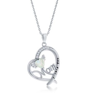 Sterling Silver, 'I Love You Mom' Angel Wing, CZ Heart Pendant - White Opal