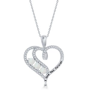 Sterling Silver 'I Love You Forever' CZ Heart Pendant - White Opal