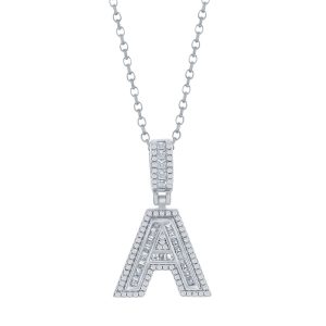 Sterling Silver 'A' Baguette CZ Initial Pendant w/Chain