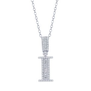 Sterling Silver 'I' Baguette CZ Initial Pendant w/Chain